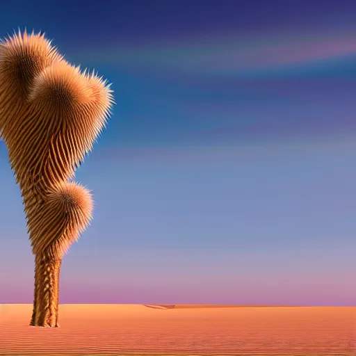 Prompt: avant-garde art, deco fashion, purple and sky blue theme, highly detailed, photorealistic portrait, hyper realistic serene desert setting, golden hour, crisp quality and light reflections, unreal engine 5 quality render