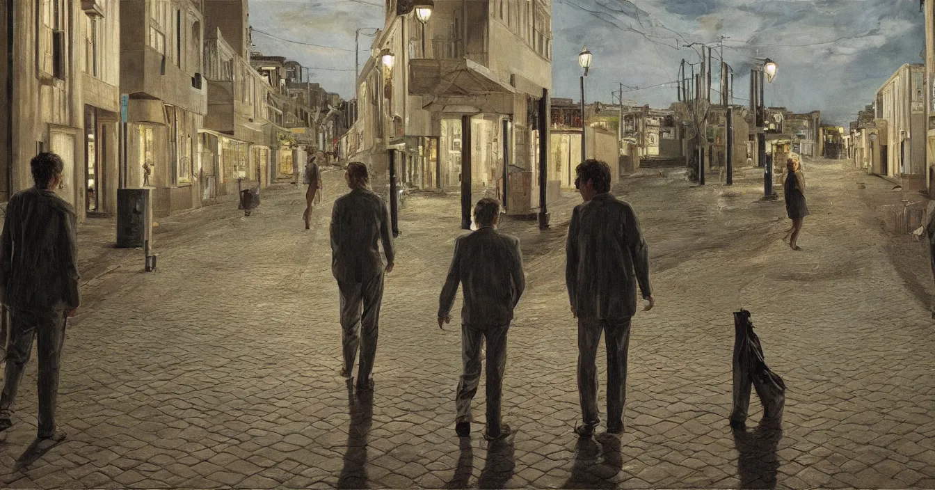 Prompt: high quality high detail painting of todd solondz walking with a friend in an empty tel aviv street, night, by lucian freud and gregory crewdson, hd, photorealistic lighting