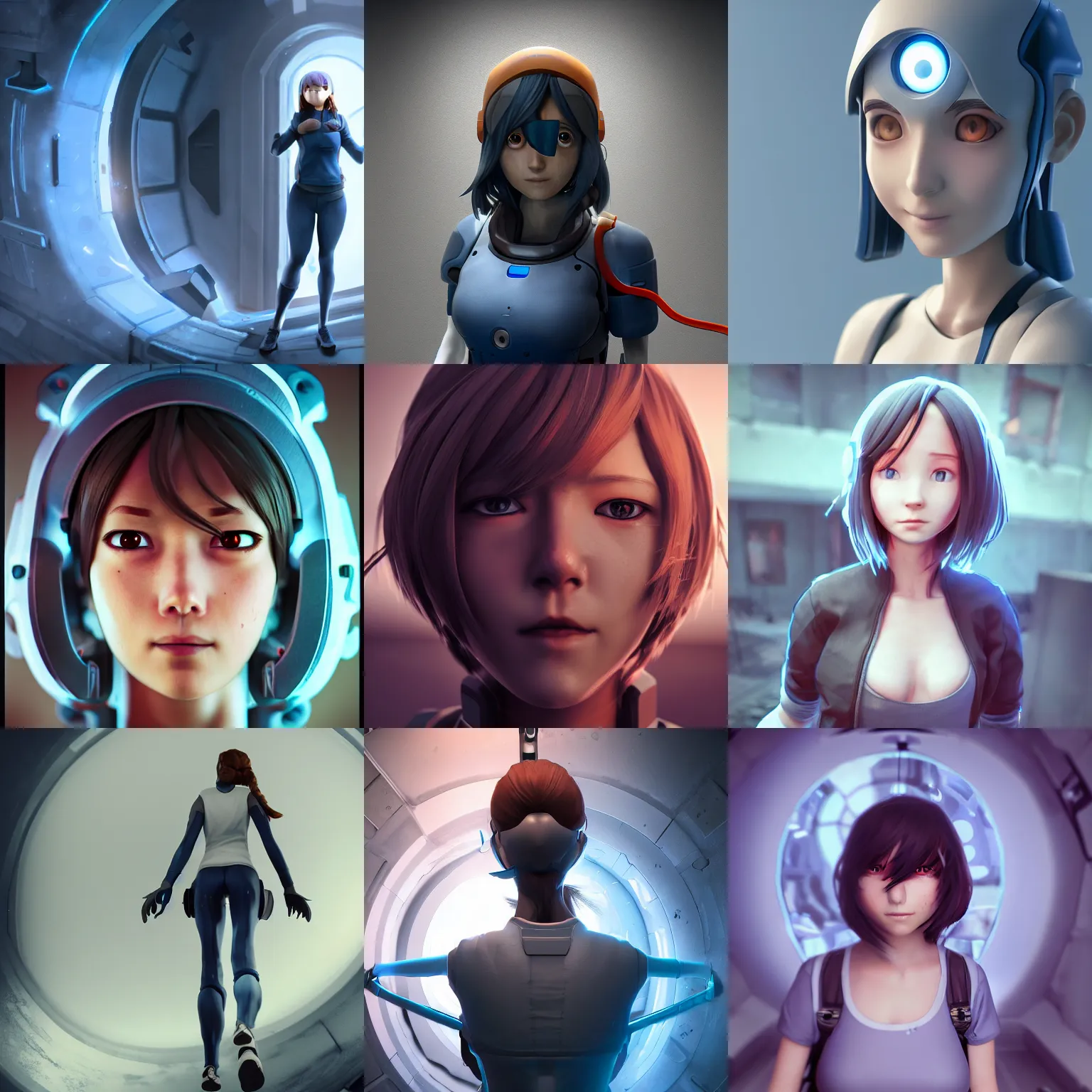 Prompt: portal game valve, anime!!! cyborg photo - realistic woman!!!! soft running, ( shy smiling face ), nice anime! ( grey - blue eyes ), rembrandt, octane render, artstation, 8 0 mm, depth of field