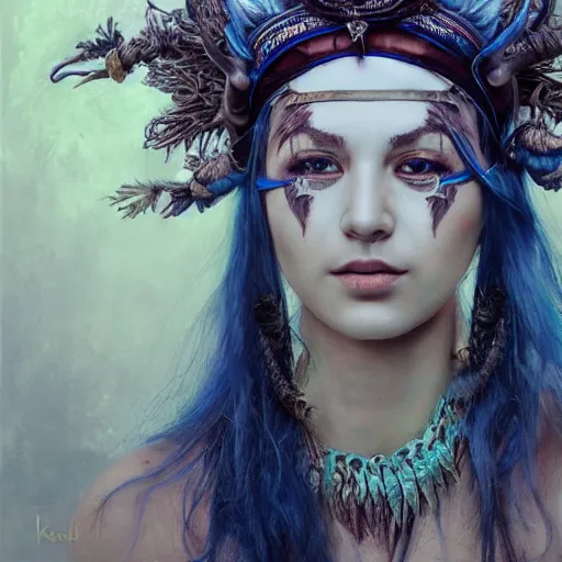 Image similar to a young female shaman, blue hair and antlers on her head. blindfolded, heilung, in the style of heather theurer, headshot photoshoot, insanely detailed and intricate, beautiful, elegant, cinematic toplight, portrait, headroom, artstation, karol bak, karol bak, karol bak