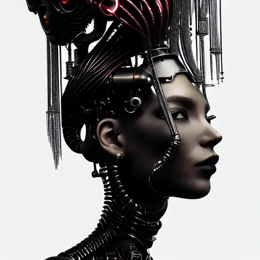 Image similar to portrait of an absurdly beautiful, graceful, sophisticated, fashionable black cyberpunk mechanoid gravure idol, hyperdetailed illustration by irakli nadar, adut akech, matt wisniewski style, intricate linework, dark black porcelain skin, jellyfish headdress, unreal engine 5 highly rendered, global illumination, red light, detailed and intricate environment