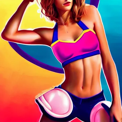 Prompt: emma watson Cosplaying Lola Bunny, modeling, posing, two piece workout clothes, training bra, quality lighting, vibrant colors, maximalism, facial details, photograph of Taylor Swift, Tooth Wu Artgerm WLOP artstation deviantart, 8k, fanart, playboy style, very very aesthetic