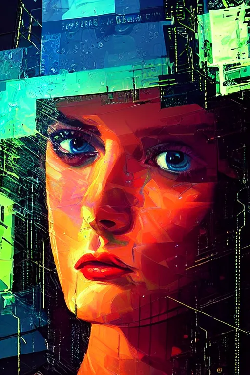 Image similar to fisheye portrait, digital painting, an beautiful, crazy hacker girl, lost in broken code, synthwave, glitch!!, fractured reality, refraction, realistic, hyperdetailed, night rain, wet, concept art, art by syd mead, cubism