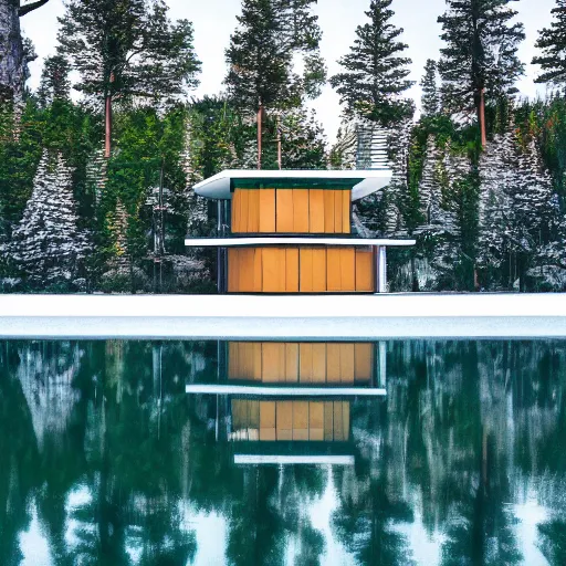 Image similar to wes anderson style modern futuristic house near the lake, snowy mountains and green forest, cinematic, realism, photo, detailed