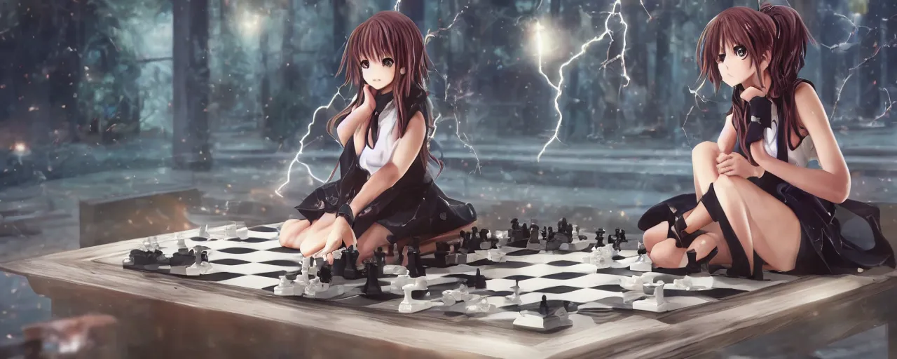 Image similar to an anime girl sitting on giant chessboard and using lightning magic, draw by belko, unreal rendering, 8 k uhd