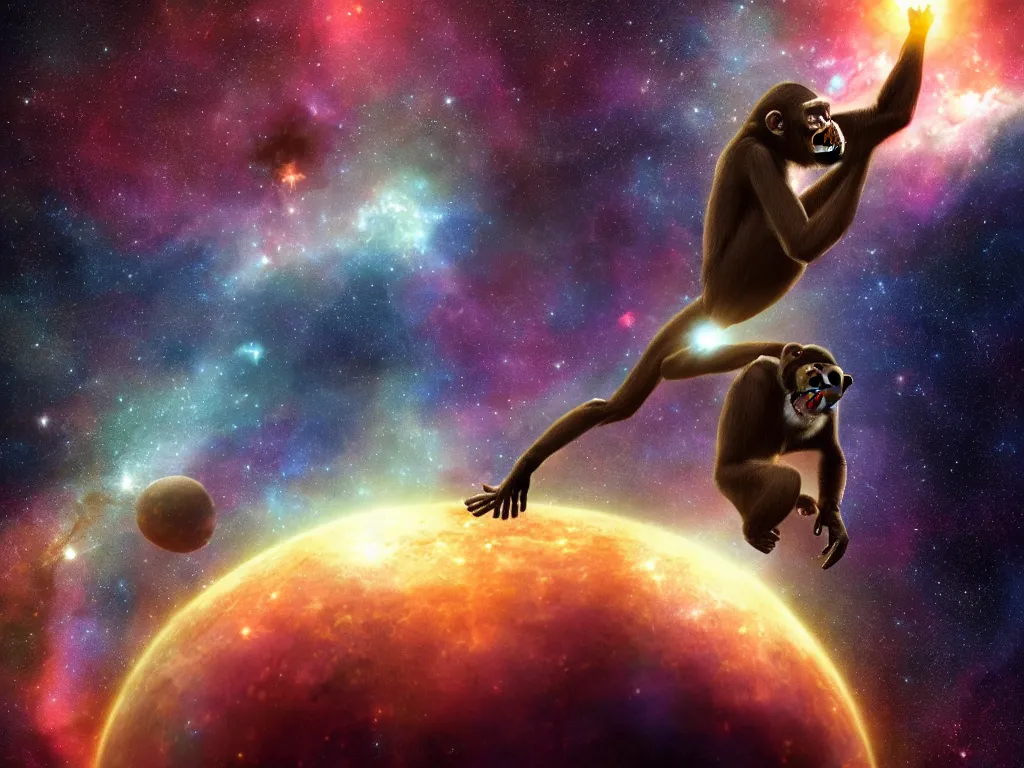 Image similar to a chimpanzee floating through outer space reaching out and touching nebula with it's finger, digital art, concept art, DeviantArt, art station illustration highly detailed artwork cinematic hyper realistic