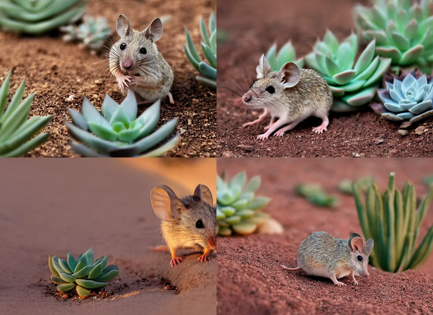 Prompt: a little desert mouse next to a succulent, high desert, 35mm photograph, dusk