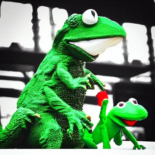 Image similar to “stills of Godzilla fighting a giant Kermit the Frog”