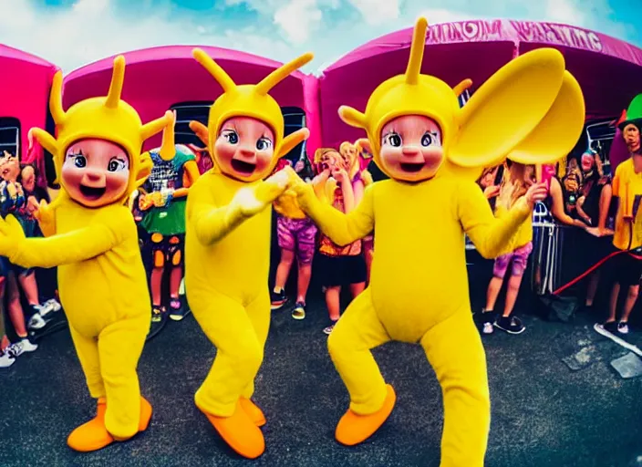 Prompt: photo still the teletubbies at the vans warped tour!!!!!!!! at age 3 6 years old 3 6 years of age!!!!!!!! dancing into the crowd, 8 k, 8 5 mm f 1. 8, studio lighting, rim light, right side key light