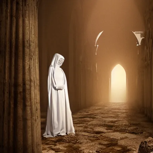 Image similar to a female banshee robed in white cloth standing inside a ruined cathedral, sunlight shining through the ceiling over the white clothed banshee, realistic lighting
