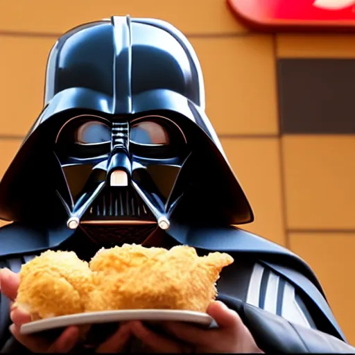 Prompt: A still of Darth Vader eating at KFC, 4k, photograph, ultra realistic, highly detailed, professional lighting