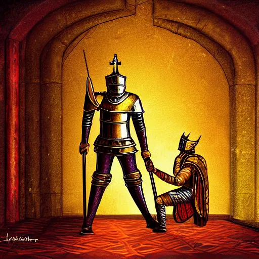 Prompt: a tall royal knight in golden armor bowing to his king in a throne room, painting, digital art, harsh lighting