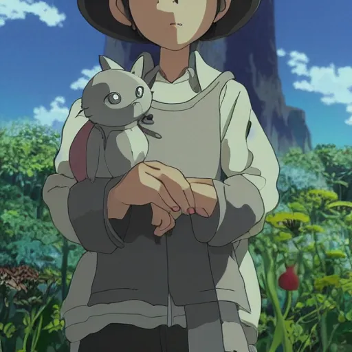 Image similar to friendly guy and small creature , with Fragile looking character portrait face, detailed face, made by Studio Ghibli highly detailed art, beautiful scene, sharp focus, smooth, 8k, anime art