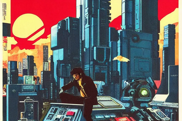 Image similar to 1979 OMNI Magazine Cover depicting a man hooked up to large computer banks. Cyberpunk Akira style by Vincent Di Fate