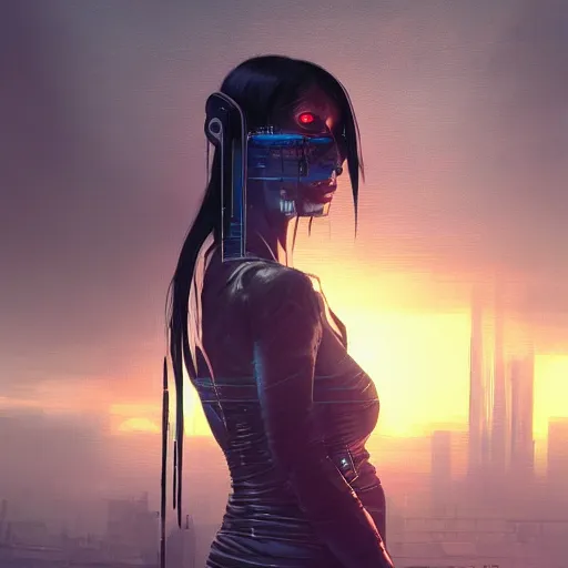 Image similar to portrait of a young beautiful cyberpunk woman, eye implants, black hair, sunset, neuromancer, cyberpunk city background, megacity, gorgeous view, depth, painted by seb mckinnon, high detail, digital art, painted by greg rutkowski, trending on artstation