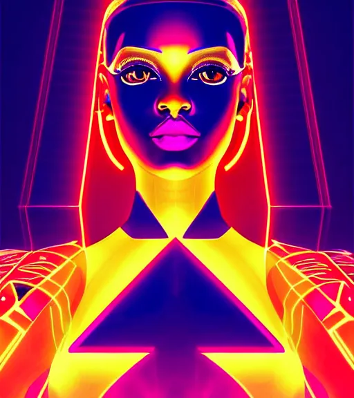 Image similar to symmetry!! egyptian queen of technology, solid cube of light, hard edges, product render retro - futuristic poster scifi, lasers and neon circuits, brown skin beautiful egyptian, queen, intricate, elegant, highly detailed, digital painting, artstation, concept art, smooth, sharp focus, illustration, dreamlike, art by artgerm