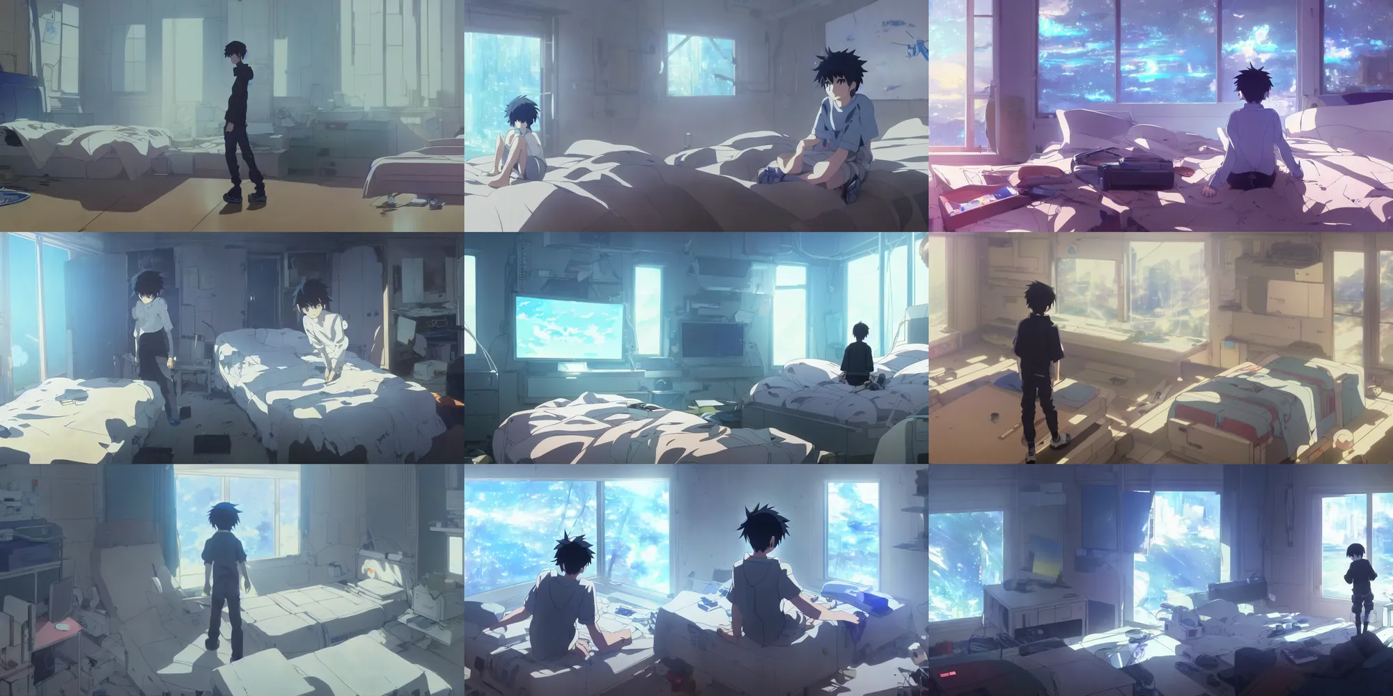 Prompt: painting of near future technological world, in the anime film a boy wears nervegear with metareality but is actually alone in his cramped messy bedroom, screenshot from the makoto shinkai anime, real life blended with digital world