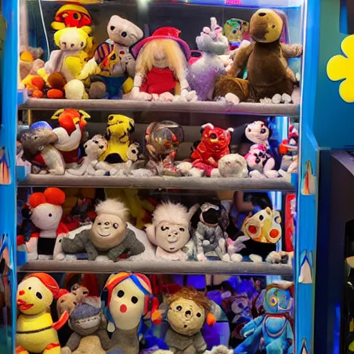 Image similar to an arcade claw machine filled with plush toys that look like boris johnson,