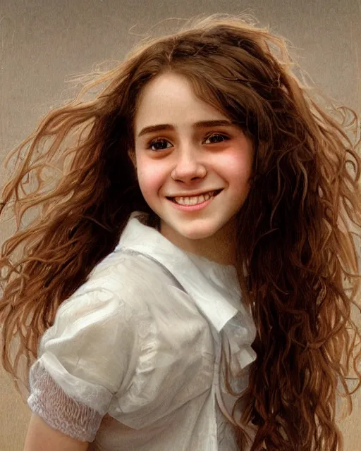 Image similar to close up portrait of 1 5 - year - old girl, smile with large front teeth, hermione granger, very bushy brown hair, and very bright brown eyes, wearing white shirt, hyper realistic face, beautiful eyes, close up, fantasy art, in the style of greg rutkowski, intricate, alphonse mucha, hyper detailed, smooth