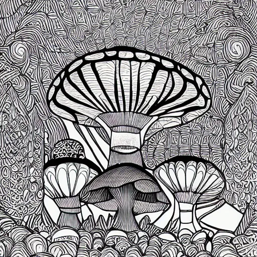 Prompt: Geometrically surreal Mushroom, extremely high detail, photorealistic, intricate line drawings, dotart, album art in the style of James Jean