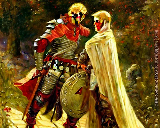 Image similar to arthur pendragon flirting wit his knight. the knight is also flirting back, highly detailed painting by gaston bussiere, craig mullins, j. c. leyendecker
