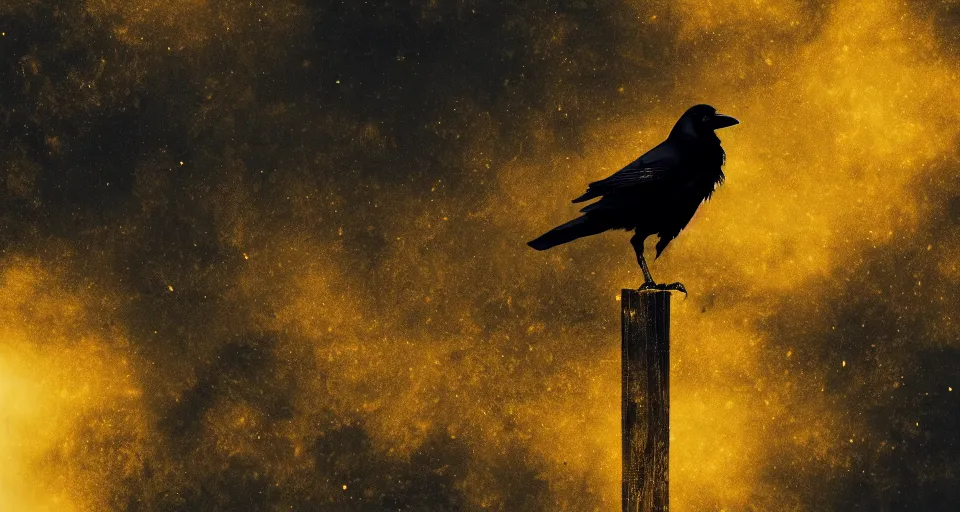 Prompt: fantasy wallpaper of a crow in moon shine, view from the top, black-golden color-theme, cinematic, stunning digital art, extremly high detail