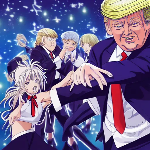 Image similar to “anime key visual of Donald trump fighting anime girls, pixiv”