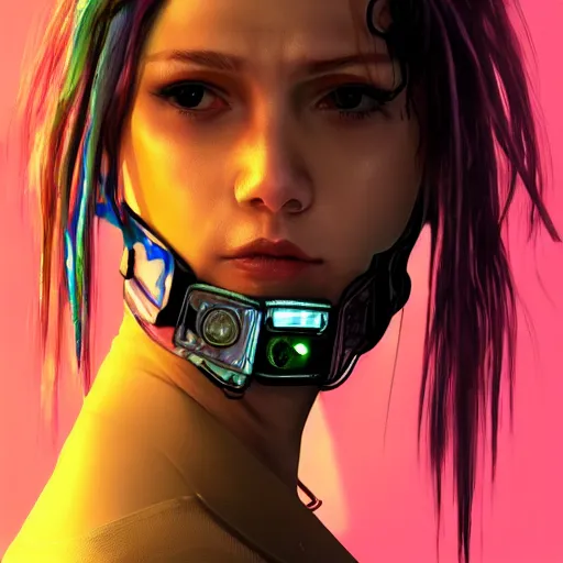 Image similar to detailed realistic cyberpunk female character cyberpunk wearing large steel collar around neck, realistic, art, beautiful, 4K, collar, choker, collar around neck, punk, artstation, detailed, female, woman, choker, cyberpunk, neon, punk, collar, choker, collar around neck, thick collar, choker around neck, wearing choker, wearing collar, bright neon punk hair, collar, choker,