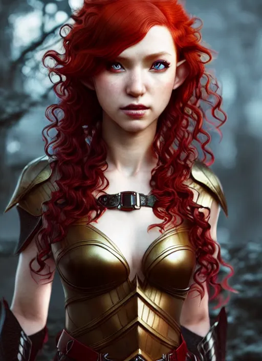 Image similar to leather armor!!! beautiful and elegant curly red hair female elf!! gorgeous ayes!! character concept art, sharp focus, octane render! unreal engine 5! highly rendered!! trending on artstation!! detailed linework!! illustration by artgerm, wlop, and chie yoshii