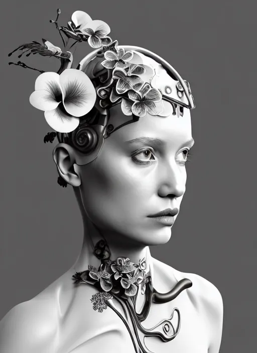 Prompt: monochrome 3 d model, biomechanical young female cyborg with porcelain profile face and a big floral eye, volumetric light, big leaves foliage and stems, hibiscus flowers, boho floral vines, sinuous fine roots, fine foliage lace, alexander mcqueen, rim light, art nouveau fashion pearl embroidered collar, steampunk, redshift render, 8 k