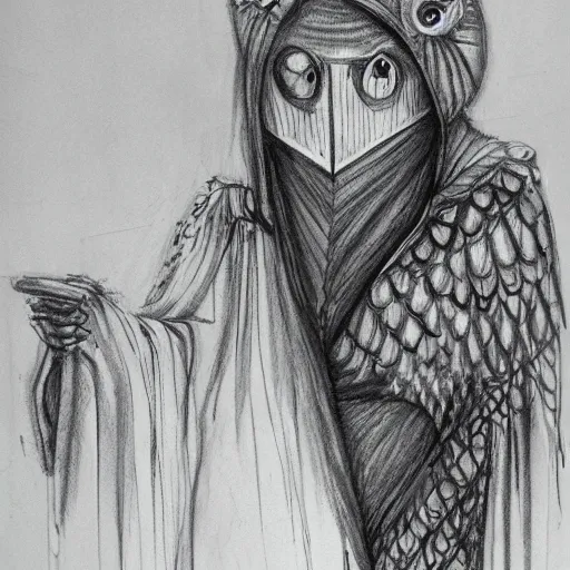 Prompt: goddess of owls, humanoid, hooded, masked, feathered robes, ritual in a forest, devouring, dark, moody, fog, concept art