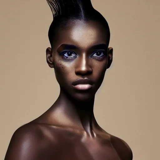 Image similar to a muted colors natural make-up portrait photograph of a black model, editorial story, Vogue France, editorial photographer by Peter Gehrke