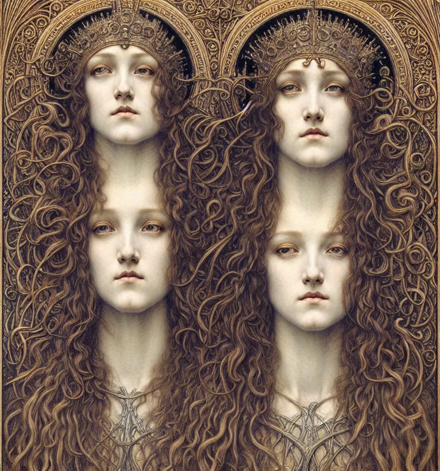 Image similar to detailed realistic beautiful young medieval queen face portrait by jean delville, gustave dore and marco mazzoni, art nouveau, symbolist, visionary, gothic, pre - raphaelite. horizontal symmetry