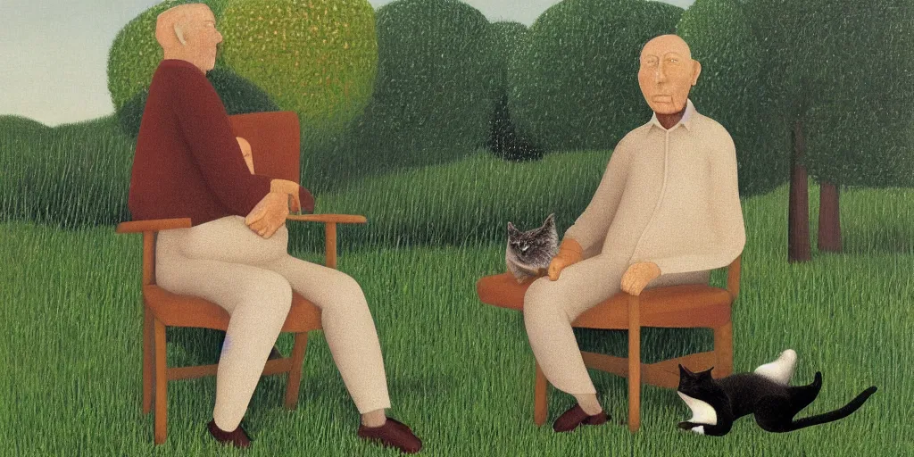 Prompt: the old man sat on the chair with the cat in his arms, in the garden, serene, by david inshaw