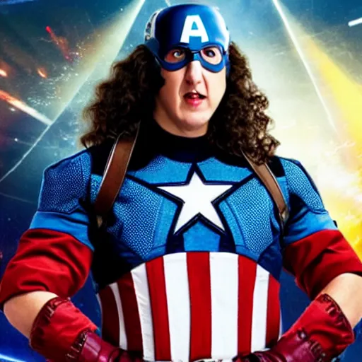 Image similar to film still of weird al as captain america, full body shot, hero pose, fireworks in the background