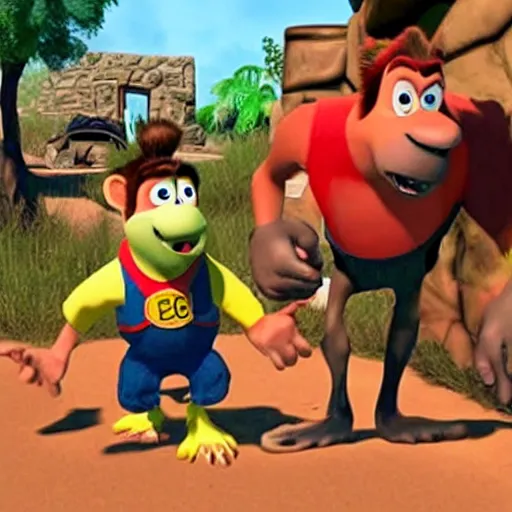 Image similar to a still of from the movie raising arizona crossover with the game banjo - kazooie