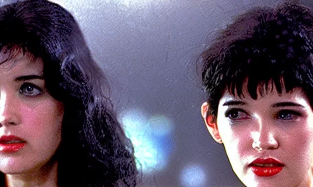 Image similar to full - color cinematic movie still from the 1 9 8 2 film blade runner starring actress phoebe cates. science - fiction ; action ; neon ; gritty ; dystopian ; detective mystery. detailed facial - features.