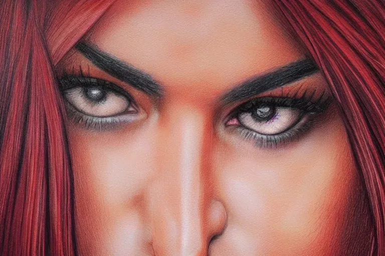 Image similar to inquisitive look in her eyes, Maite Perroni close-up portrait looking straight on, complex artistic color pencil sketch illustration, full detail, gentle shadowing, fully immersive reflections and particle effects, chromatic aberration.