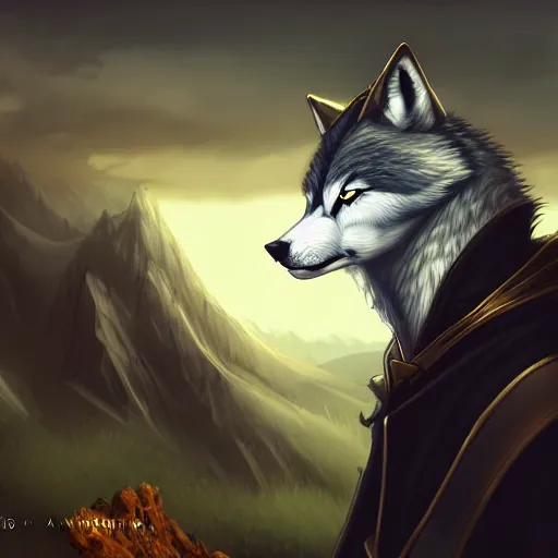 Image similar to an anthropomorphic wolf in a black doublet looking out over the hills, artstation hq, stylized, sharp focus, concept art, furaffinity fursona, furry, anthropomorphic, digital art by ayami kojima