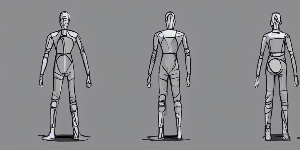 Prompt: male, elongated figure, space suit, minimalist sketch, large shoulders, short torso, long thin legs, tiny feet, character sheet, very stylized, concept design