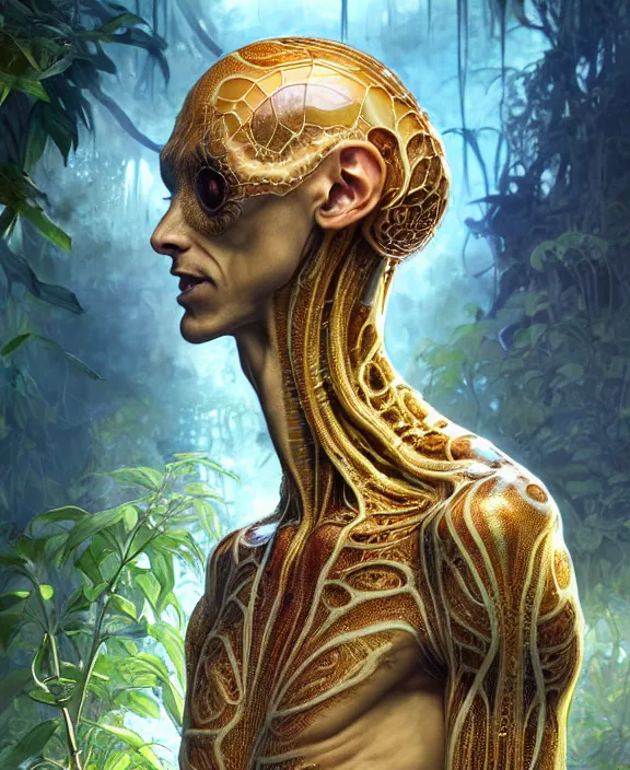 Prompt: intricate ornate opulent transparent clear see - through portrait of a terrifying beautiful skinny male alien centipede, mottled coloring, adorable, childlike, overgrown jungle environment, ultra realistic, concept art, art nouveau, photorealistic, octane render, 8 k, unreal engine. art by christopher marley and artgerm and greg rutkowski and alphonse mucha