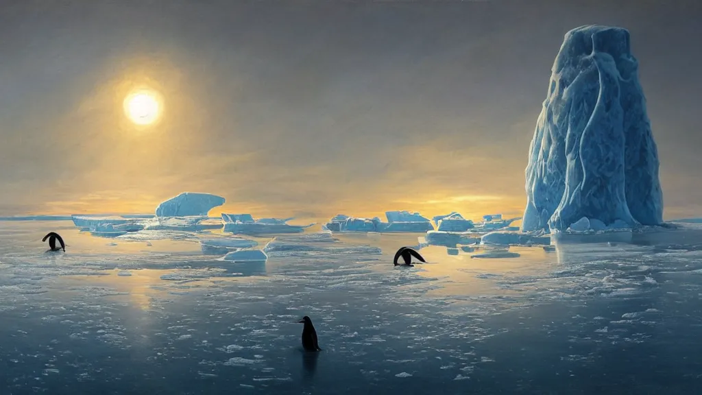 Image similar to the most beautiful panoramic landscape, oil painting, where a giant iceberg is lost in the frozen artic ocean, a giant penguin is exhaling steam while walking over the iceberg, the frozen artic ocean is reflecting the giant penguin and the ray lights of the sunset are brightening him, by greg rutkowski