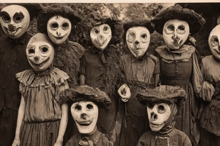 Image similar to vintage photo of villagers wearing weird masks, eerie, bizarre, highly detailed shot, dramatic 8 k uhd