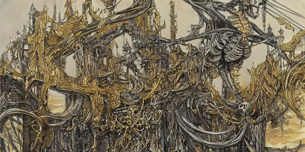 Image similar to a beautiful painting of skeleton fantasy gold world with architecture design by aaron horkey, trending on artstation