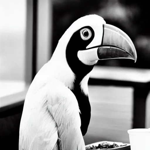 Prompt: an anthropomorphism toucan enjoying a meal at mcdonalds, photo taken in 1 9 6 6, highly detailed photography, 3 5 mm, natural light, bokeh effect