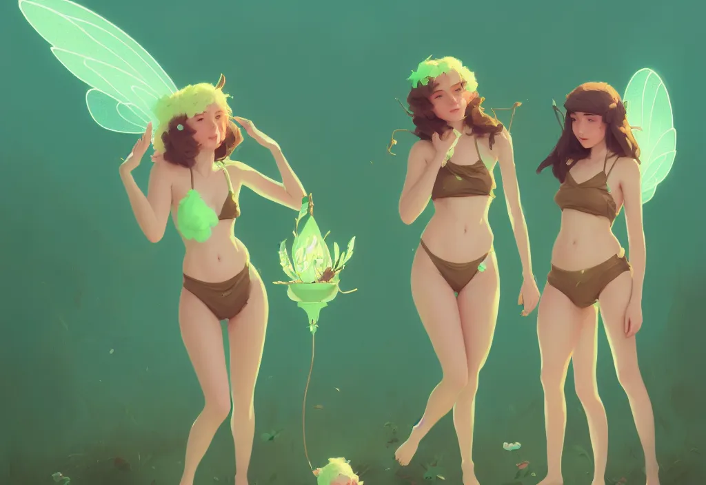 Image similar to portrait of two cute fairies in flower bikinis with joe biden, fantasy, by atey ghailan, by greg rutkowski, by greg tocchini, by james gilleard, by joe gb fenton, dynamic lighting, gradient light green, brown, blonde cream, salad and white color in scheme, grunge aesthetic