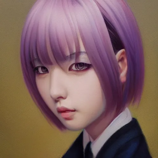 Prompt: Portret of Nakamura Aya, lilac eyes, straight black hair cut in a bob, japanese school uniform, front closeup, highly detailed, centered, oil painting, artstation, anime painting by WLOP