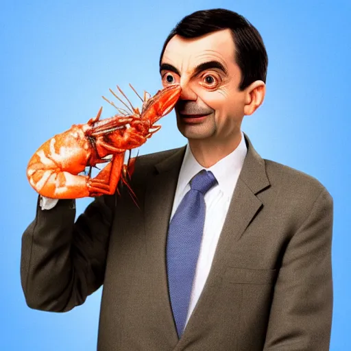 Prompt: , realistic HD photo of Mr Bean , Eating a huge prawn