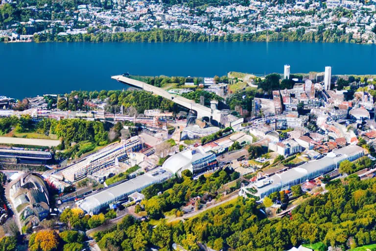 Image similar to bird's eye view photography of a small city. town hall, central farm, monorail station, beach and shipping dock. hills, woods and lake to the north.