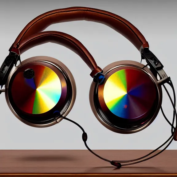 Prompt: masterpiece photo of beautiful crafted artistic bismuth metal headphones, bismuth rainbow metal, bismuth cups, leather padding, displayed on mahogany desk, modernist headphones, bismuth headphones beautiful well designed, hyperrealistic, audiophile, intricate hyper detail, extreme high quality, photographic, meze audio, sennheiser, hifiman, artstation